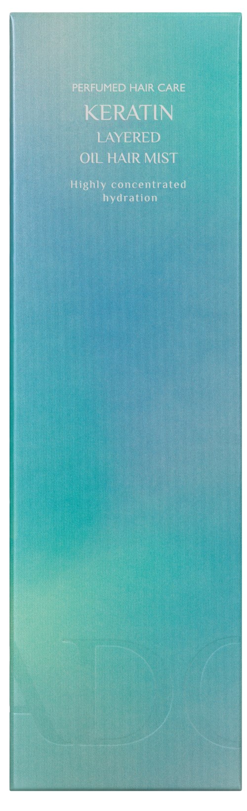 Een lange, lichtblauwe doos voor keratine gelaagde haarspray met witte tekst.