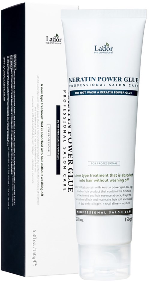 Een witte tube keratine power lijm voor professioneel gebruik, naast de doos.