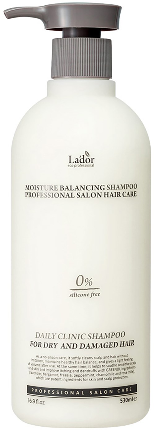 Een witte fles met LaDor shampoo en grijze pomp, geschikt voor droog en beschadigd haar, 530 ml.