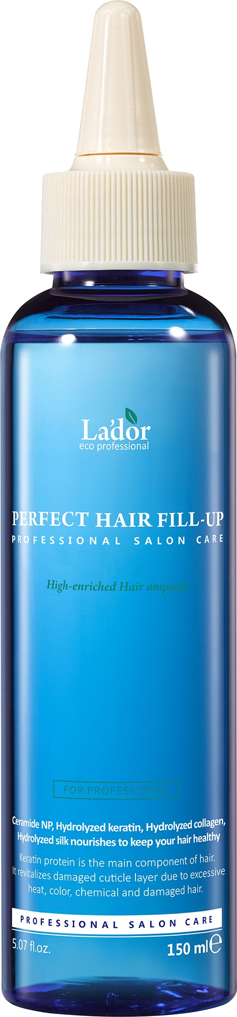 Blauwe fles met witte applicatiespissie, gelabeld "Perfect Hair Fill-Up" voor haarverzorging.