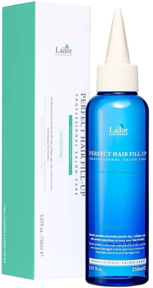 Een blauwe fles en witte doos met haarbehandeling genaamd Perfect Hair Fill-Up door Lador.