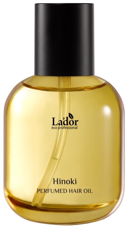 A yellow bottle with a black cap containing Hinoki perfumed hair oil by Lador. Simple and elegant design.