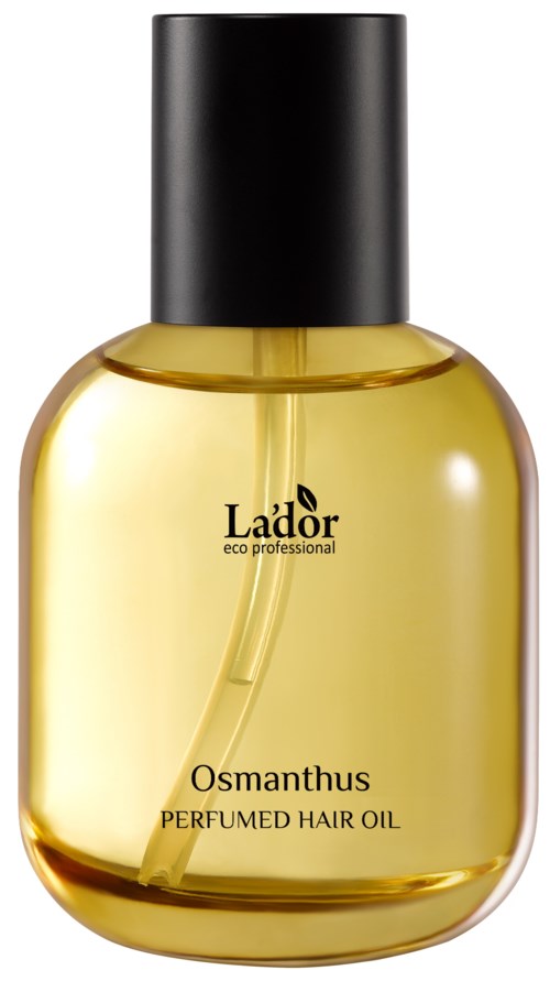 Een kleine, ovale, gele fles met geparfumeerde haarolie en zwarte dop, gemerkt 'Lador Eco Professional Osmanthus'.