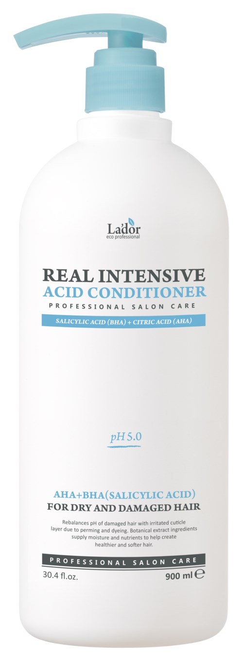 A white bottle with a blue pump labeled 'Real Intensive Acid Conditioner' for dry, damaged hair, pH 5.0.