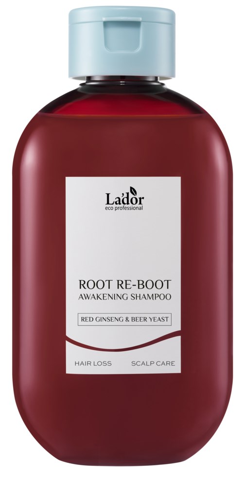 Een rode fles Lador Root Re-Boot shampoo voor haarverlies en hoofdhuidverzorging met een lichtblauwe dop.