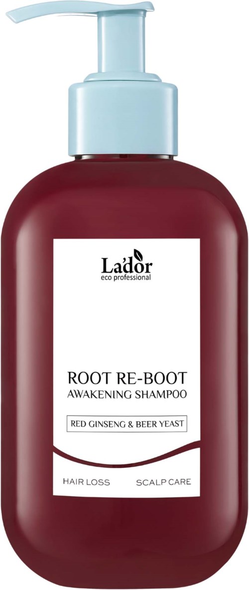 Röd flaska med pump, etiketten säger Root Re-Boot Awakening Shampoo, passar för håravfall och hårbottenvård.