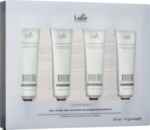 Vier tubes hoofdhuidbehandeling in een doos, gelabeld Lador, voor professioneel gebruik, met natuurlijke ingrediënten zoals slak en tea tree.