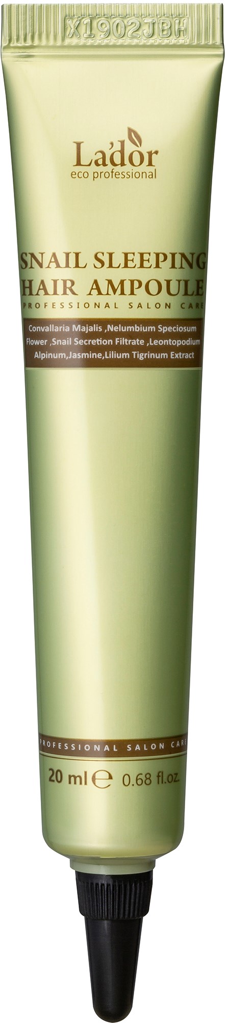 Groene tube met label 'Snail Sleeping Hair Ampoule' voor haarverzorging met een zwarte applicatorspits.