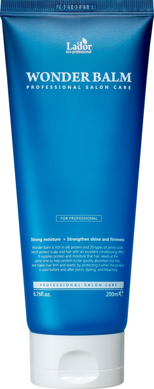 Blauwe tube met Wonder Balm voor professionele salonverzorging, 200 ml, met beschrijvingen van vocht en glans voordelen.