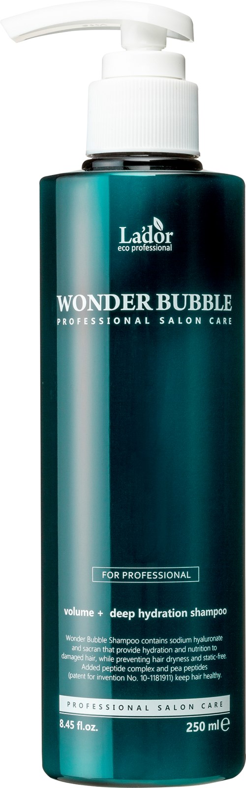 Een donkerblauwe fles met witte pomp. Het is Lador Wonder Bubble shampoo voor professionals.