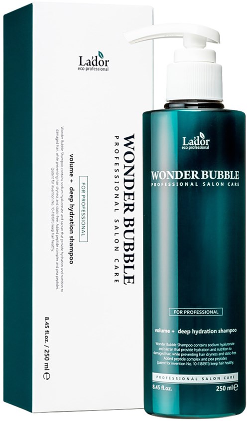 Een blauw flesje Wonder Bubble wasmiddel met pomp, naast de witte doos. Gekleurd voor professioneel salongebruik.