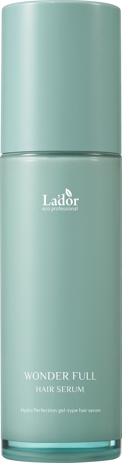 En lys blågrønn flaske med lokk, merket Laidor Wonder Full Hair Serum for blankt hår.