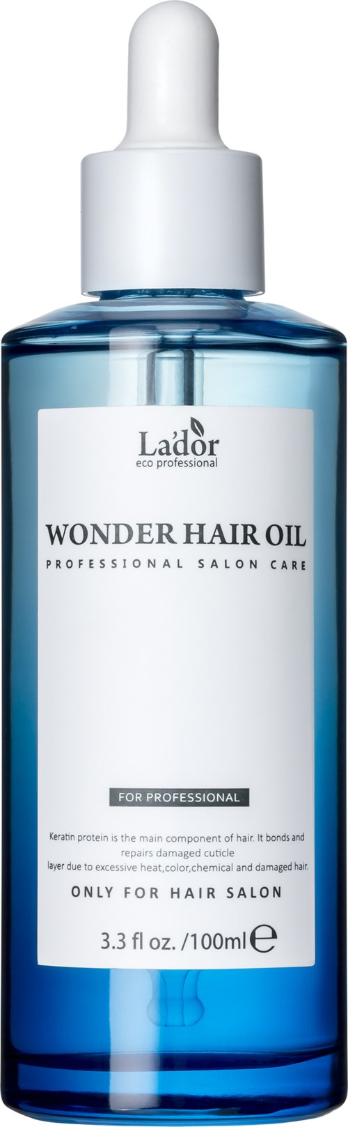 Een blauwe fles met druppelpipetdop, gelabeld Lador Wonder Hair Oil voor professioneel haarverzorging.