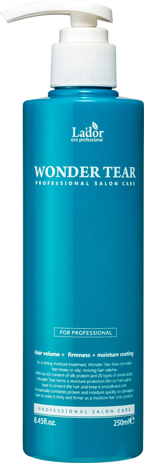 Blauwe fles met pomp, gemarkeerd 'Wonder Tear' voor haar, professioneel salongebruik, 250 ml.