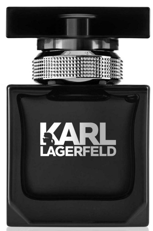 En svart parfyllflaska med silverdetaljer och fet vit text som säger "KARL LAGERFELD."