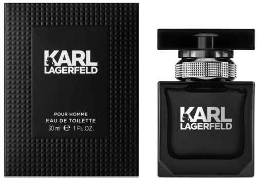 En svart parfymflaska och förpackning märkt Karl Lagerfeld, med elegant design, för herr Eau de Toilette, 30 ml.