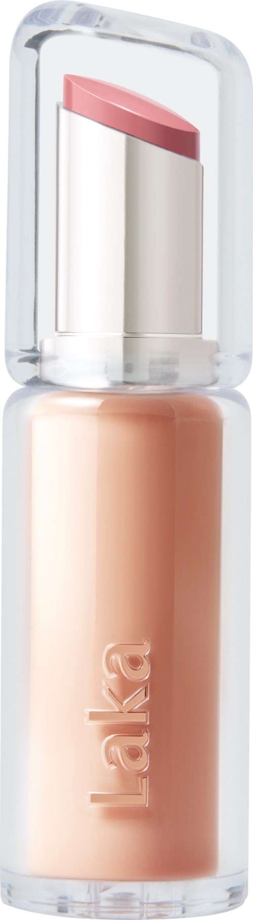 A beige lipstick in a clear tube with a pink tip, labeled 'Laka' on the bottle.