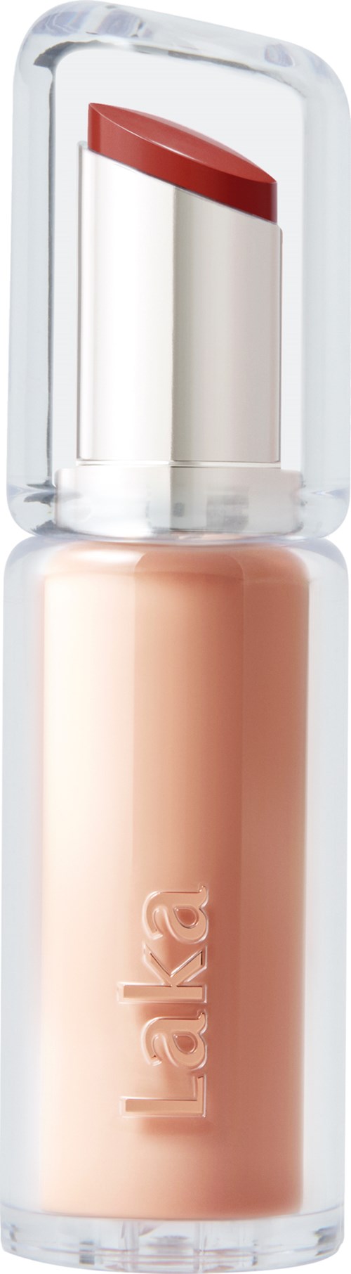 A beige lipstick with a transparent cap and a red lipstick tip inside.