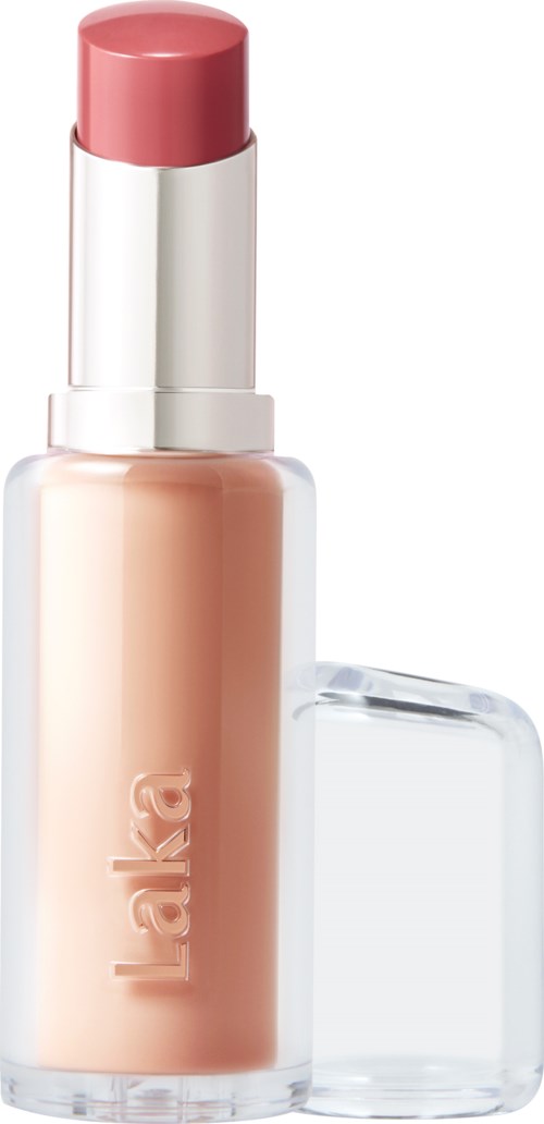 A makeup primer or liquid foundation in a glass bottle, with a pinkish cap and a clear lid.