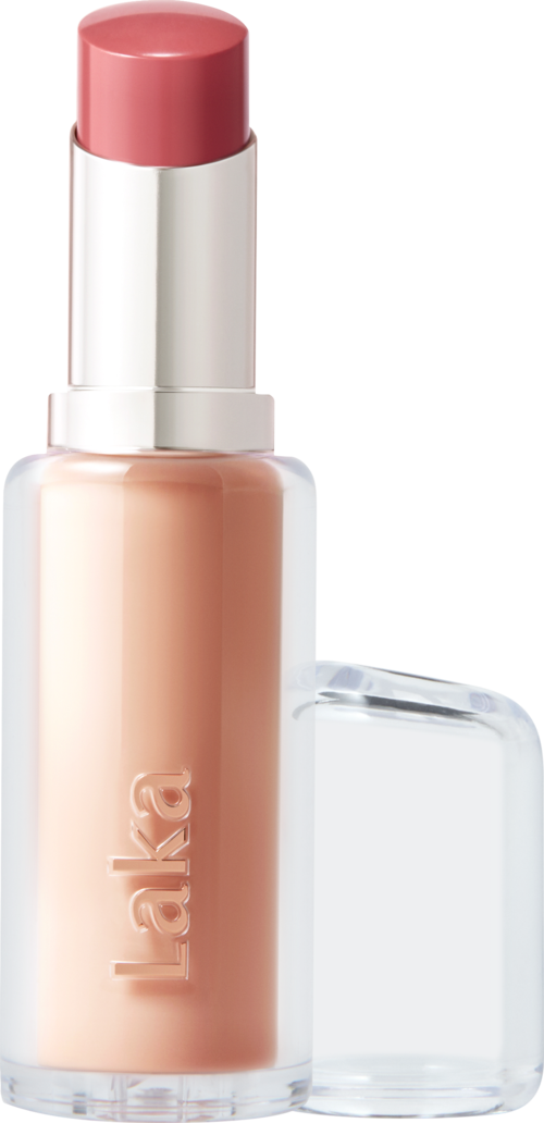 A lipstick tube with a pinkish lipstick and a clear cap. The brand name Laka is on the bottle.
