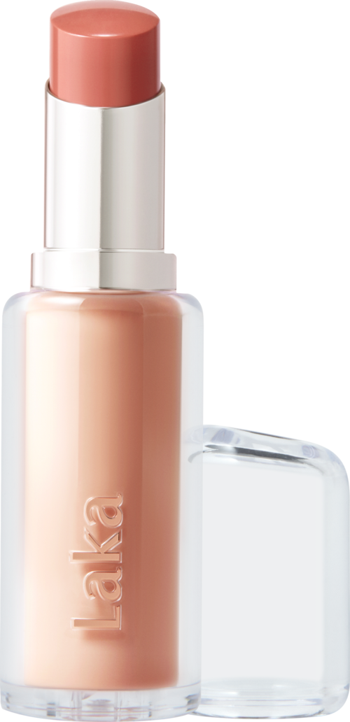 Een nudekleurige lipstick in een doorzichtige huls met een zilveren dop.