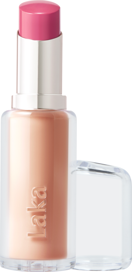 A beige lipstick in a clear container with a pink cap.