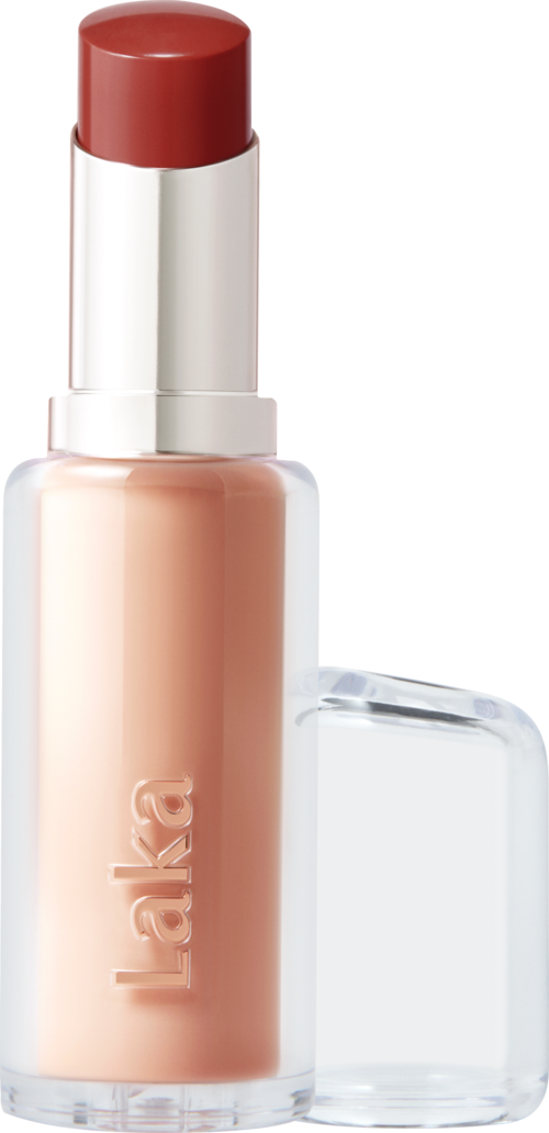 A bottle of beige liquid makeup with a brown lipstick on top and a clear cap.