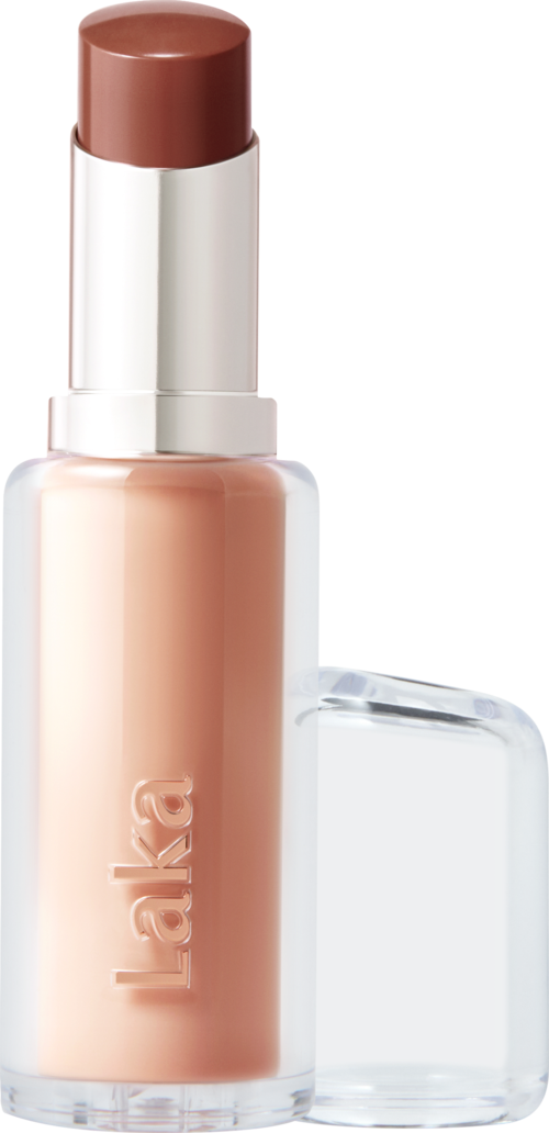 A lipstick with light beige color in a clear bottle and silver cap.