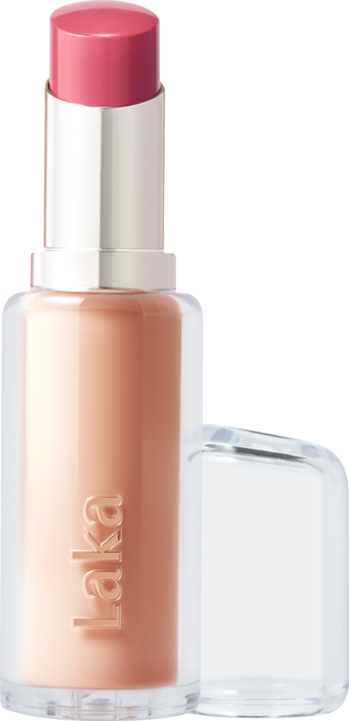 A bottle of foundation with a pink lipstick on top and clear cap beside it.