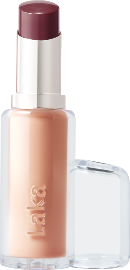 A lip gloss with a beige color and a purple lid, in a clear bottle with a cap.
