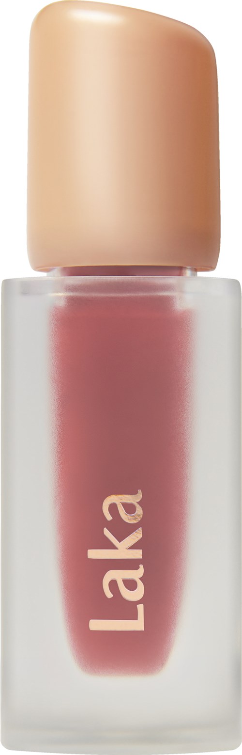A small bottle with pink nail polish and a beige cap, labeled "Laka."