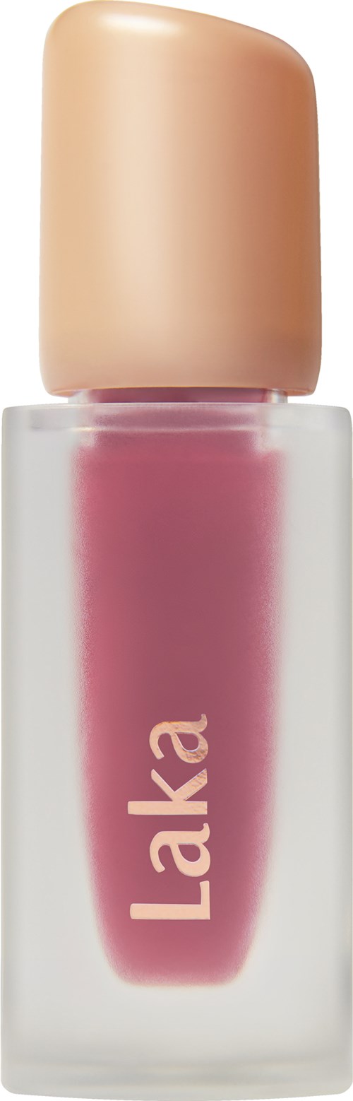 A nail polish bottle with a pink liquid and a beige cap, labeled 'Laka' on the front.