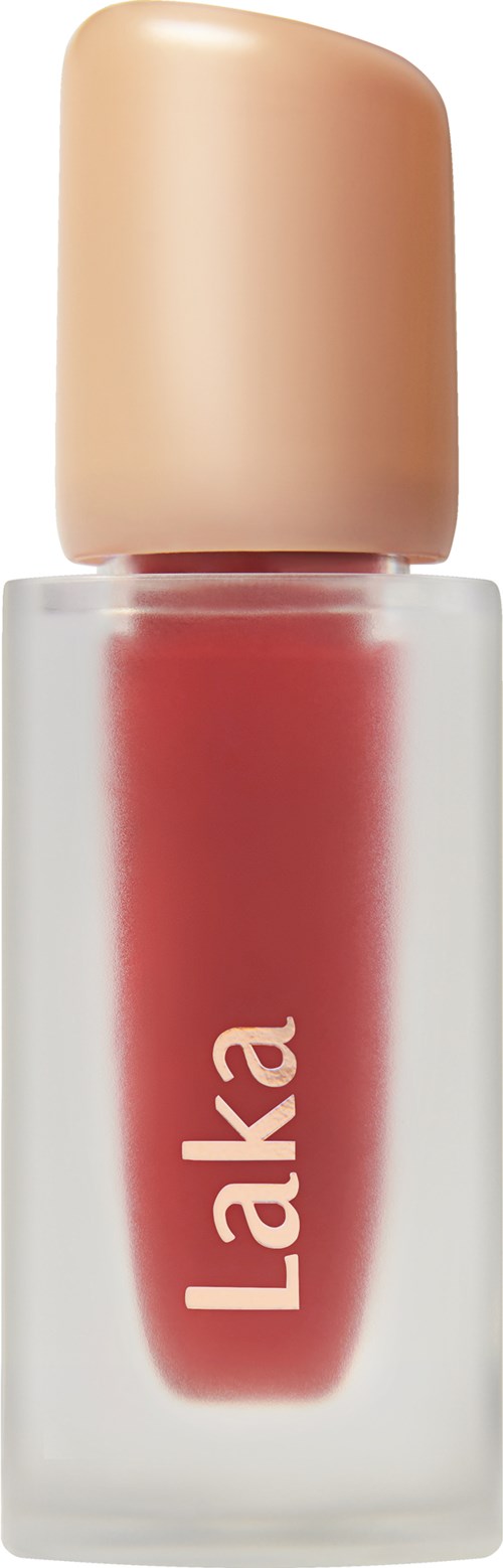 A small bottle with beige cap and red lip color inside, labeled 'Laka' in white letters.
