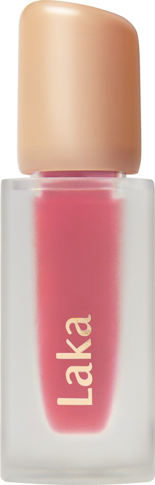 A nail polish bottle with a beige cap and pink nail polish inside, labeled "Laka".