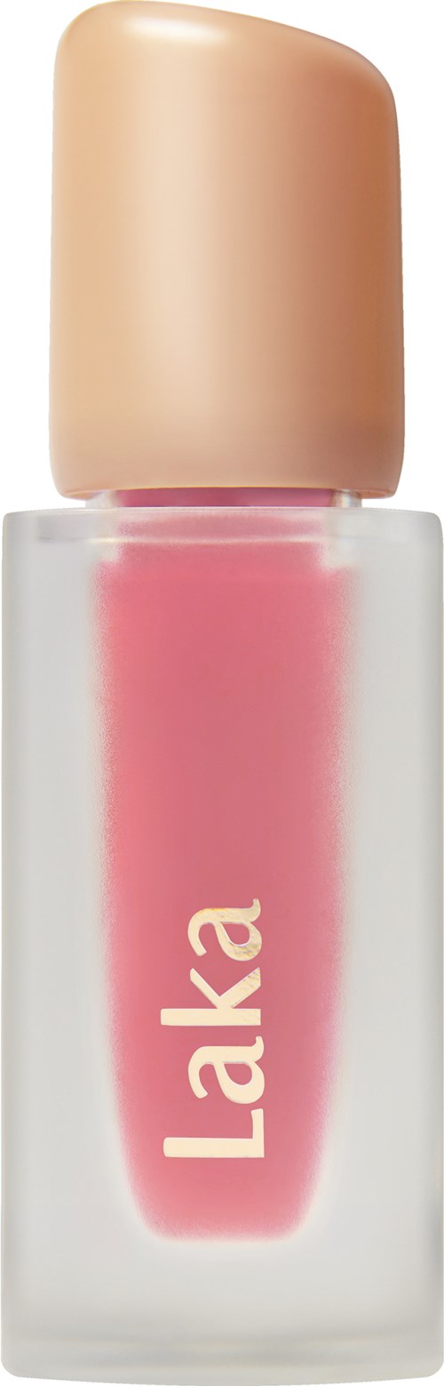 A nail polish bottle with a beige cap and pink liquid inside, labeled 'Laka' on the front.