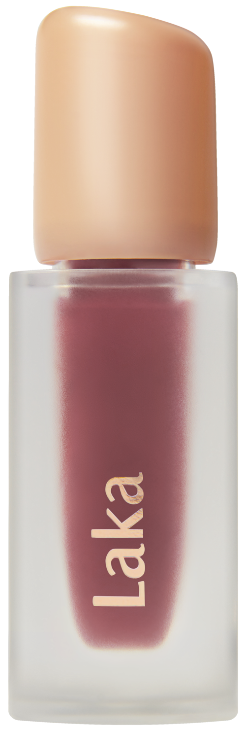 A small bottle with beige cap and pinkish liquid inside, labeled 'Laka'.