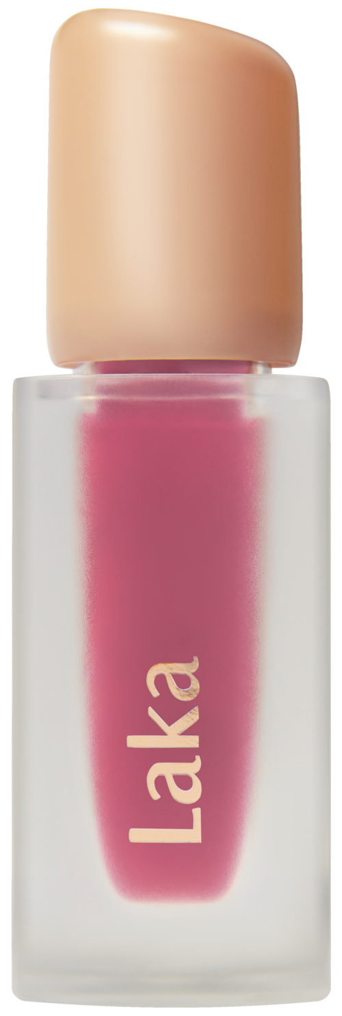 A small bottle with pink liquid and a beige cap, labeled "Laka" on the front.