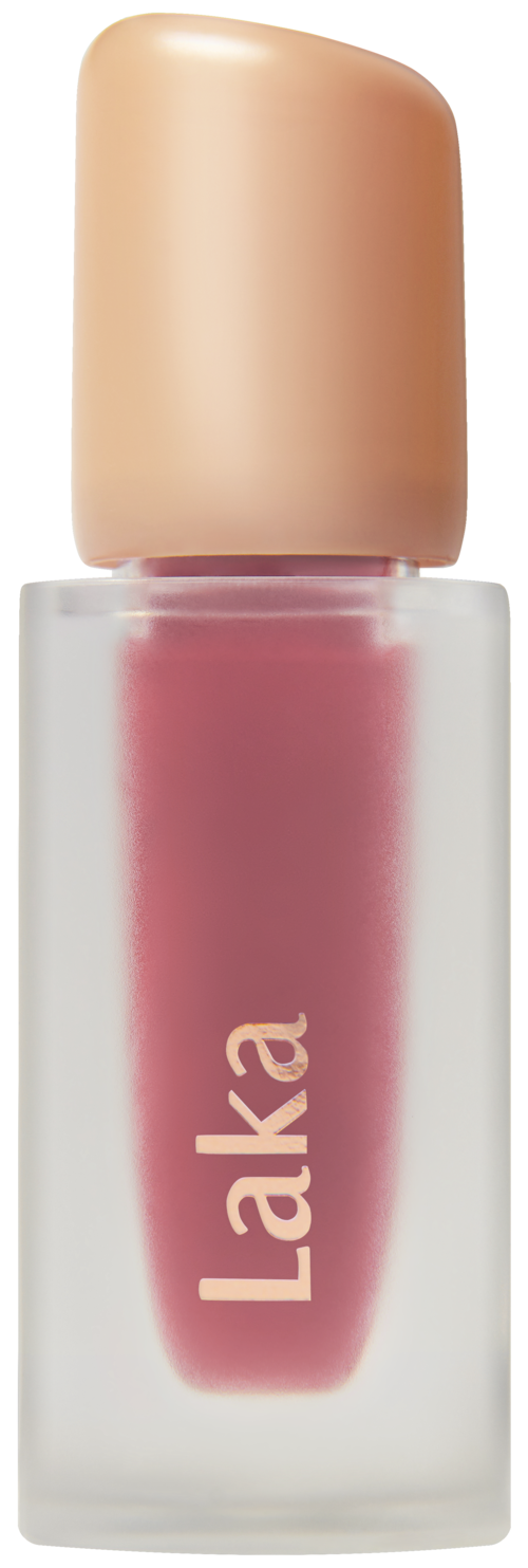 A small bottle with beige cap and pink liquid inside, labeled 'Laka'.
