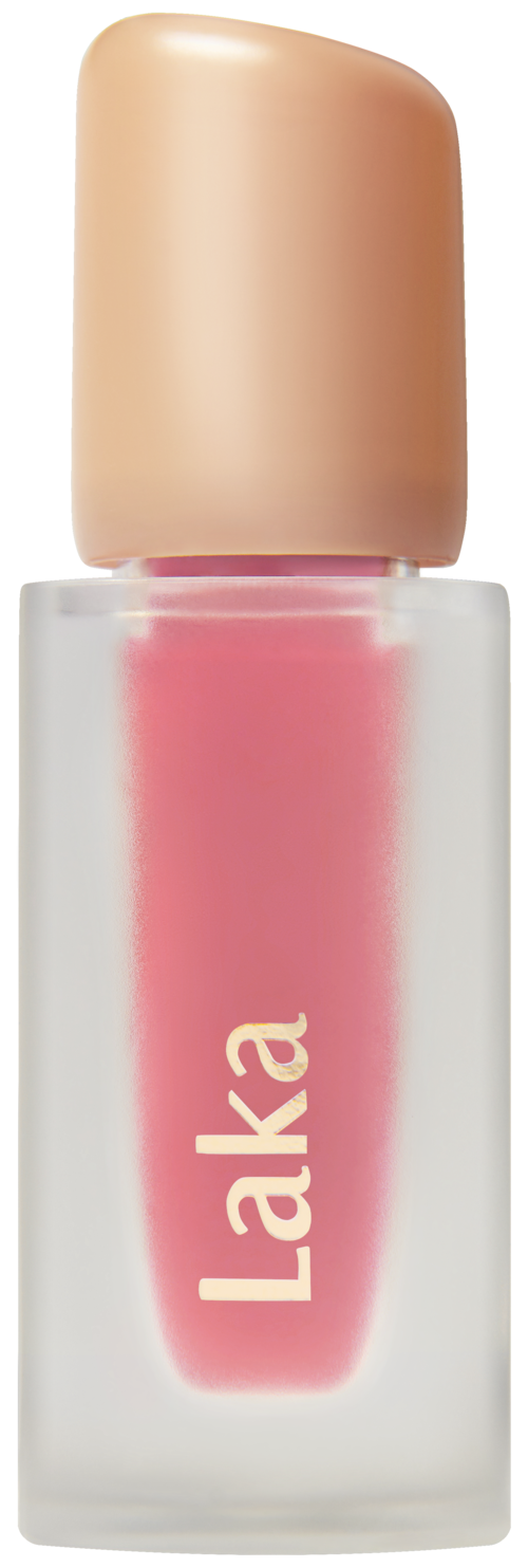 Pink liquid lipstick in a clear bottle with a beige cap and the brand name 'Laka' written on it.