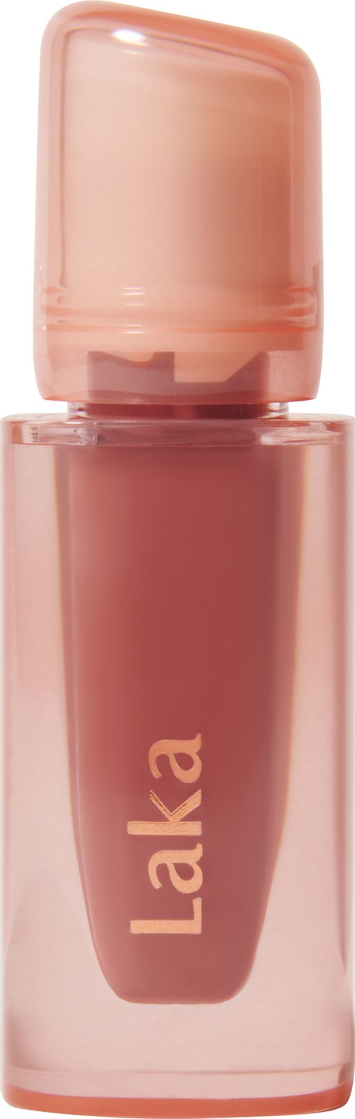 A lipstick tube with a pink cap and transparent body showing the lipstick inside. The brand name 'Laka' is on it.