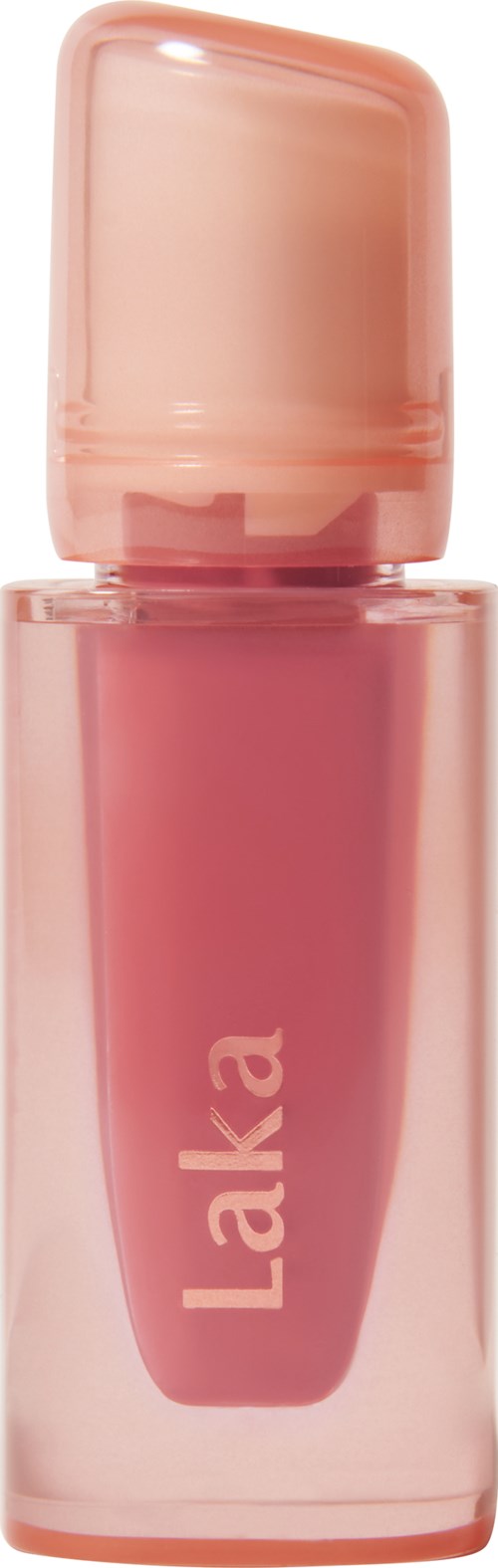 Ein rosa Lippenstift mit durchsichtigem Gehäuse und dem Markennamen "Laka".