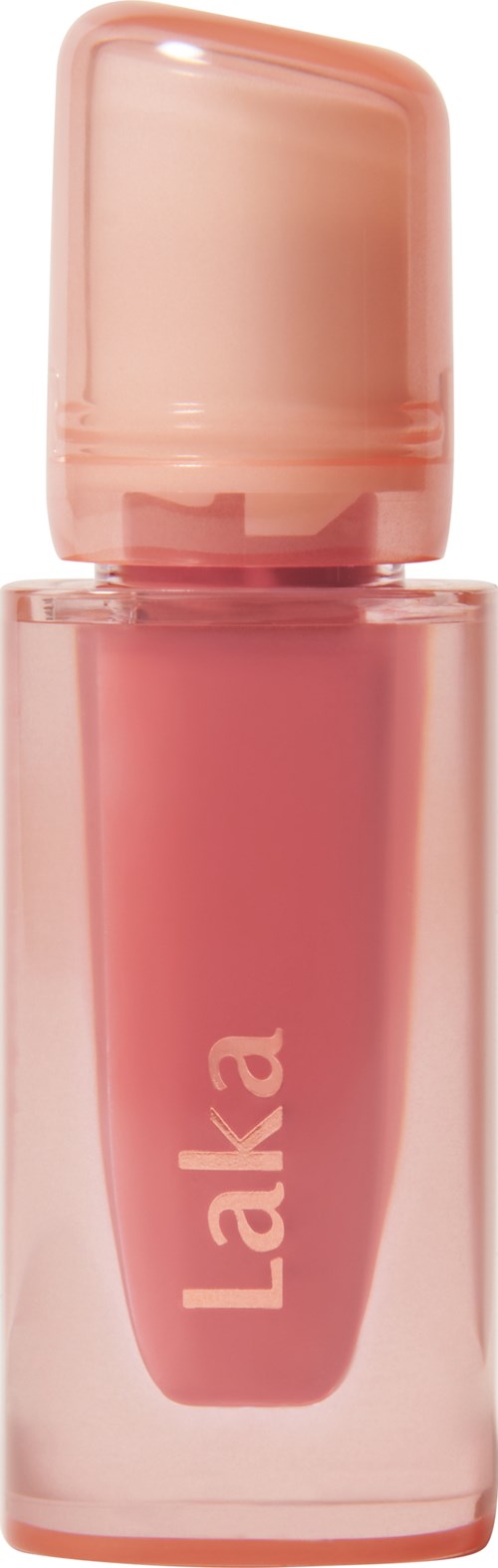 A pink lipstick tube with a transparent cap and the word "Laka" on it.