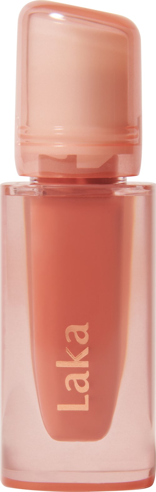 Ein pfirsichfarbenes Lipgloss in einem transparenten Röhrchen mit passendem Deckel, beschriftet mit 'Laka'.