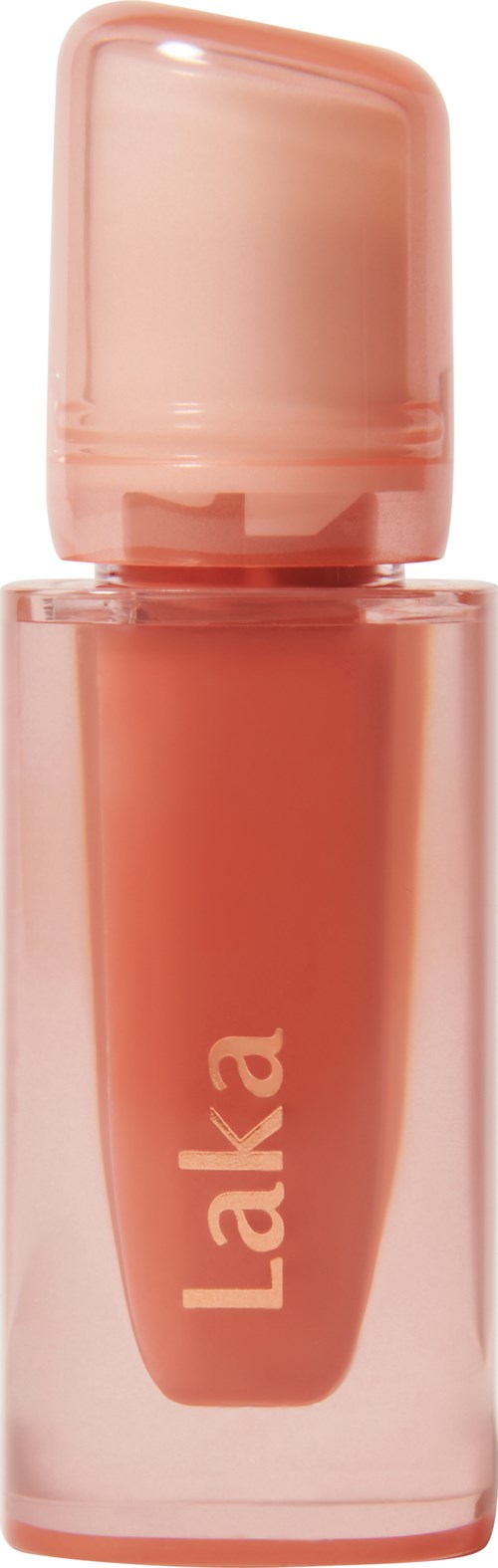 Eine kleine Flasche mit korallenfarbener Lippenstift, mit transparentem pinkem Deckel. Das Wort "Laka" ist darauf geschrieben.