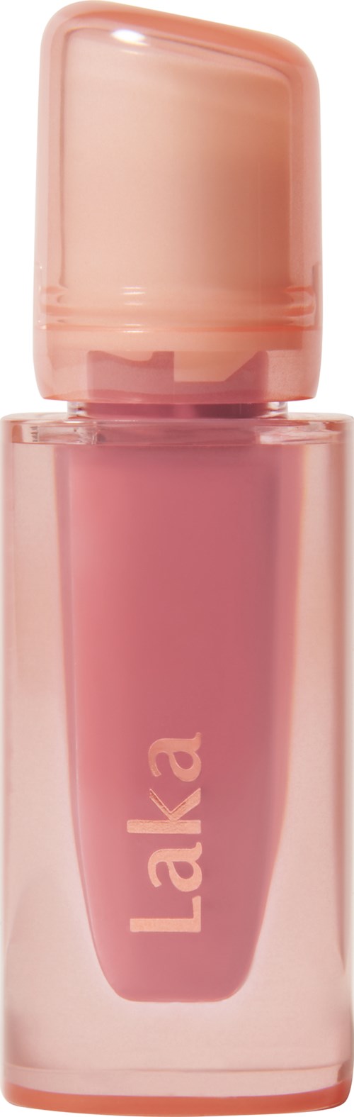 A pink lipstick in a transparent tube with a rounded cap, labeled 'Laka' on the body.