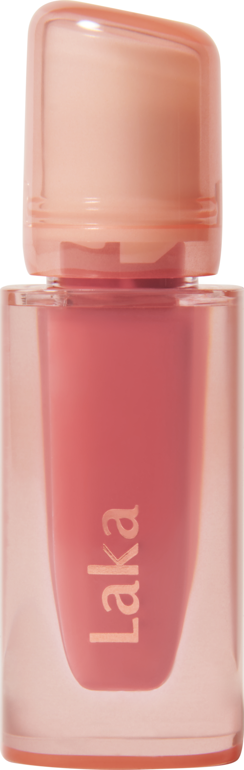 A pink nail polish bottle with a rounded cap and the word 'Laka' on it.