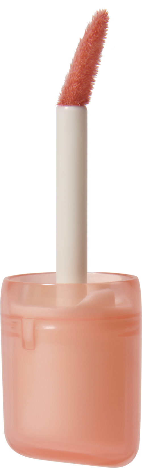 Ein Lippenstift-Applikator mit pink-braunem Lippenstift in einem klaren Behälter. Der Stab ist leicht gebogen.