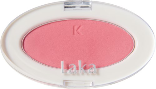 Pink makeup blush with a white oval case, labeled 'Laka' and a small 'K'.