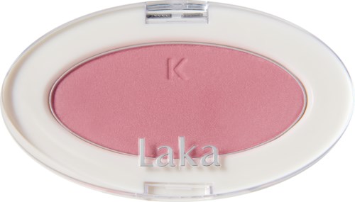 Pink blush inside a white oval case with the brand name and logo on it.