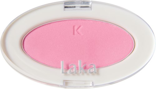 Pink blush with the brand name "Laka" and a letter "K" embossed inside an oval container.